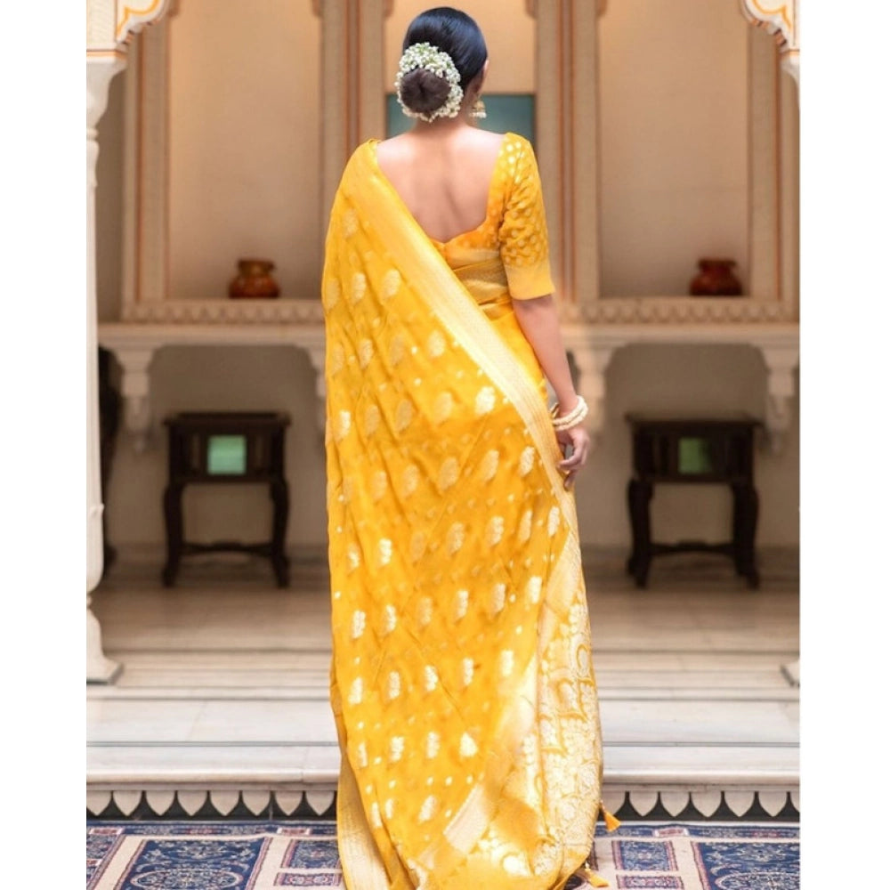 Vaystra Soft Lichi Silk Printed Saree With Unstitched Blouse 5.5Mtr – Yellow