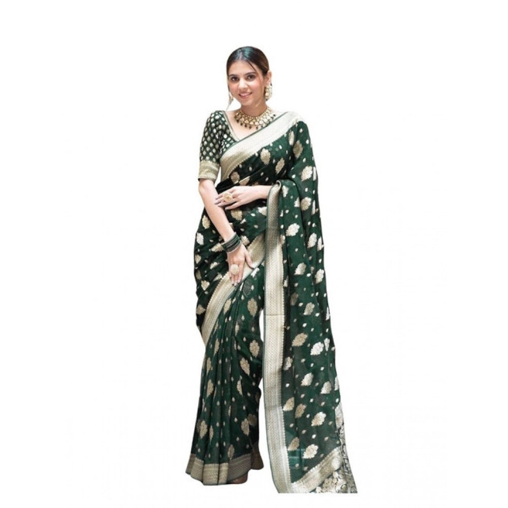 Vaystra Soft Lichi Silk Printed Saree With Unstitched Blouse 5.5Mtr – Green