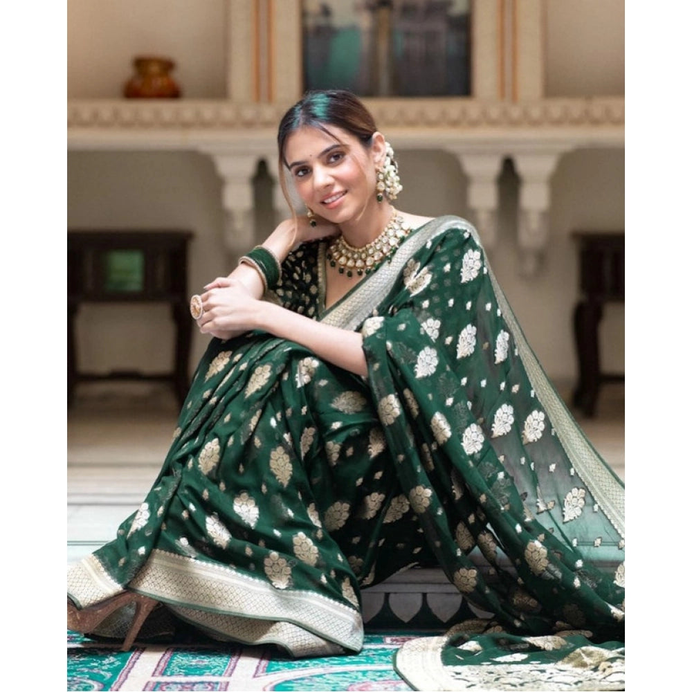 Vaystra Soft Lichi Silk Printed Saree With Unstitched Blouse 5.5Mtr – Green