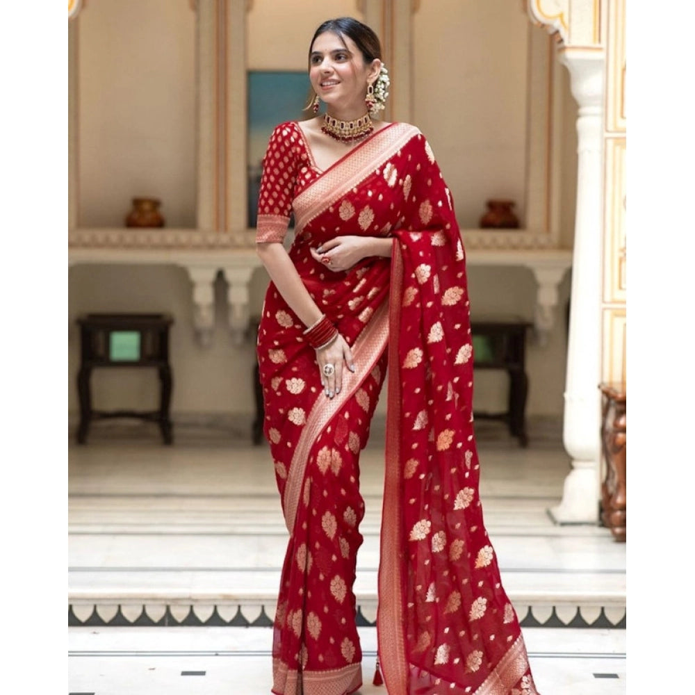 Vaystra Soft Lichi Silk Printed Saree With Unstitched Blouse 5.5Mtr – Red