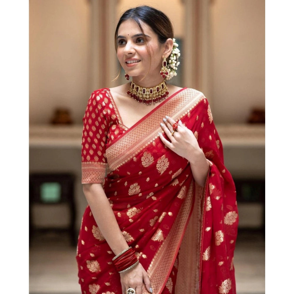 Vaystra Soft Lichi Silk Printed Saree With Unstitched Blouse 5.5Mtr – Red