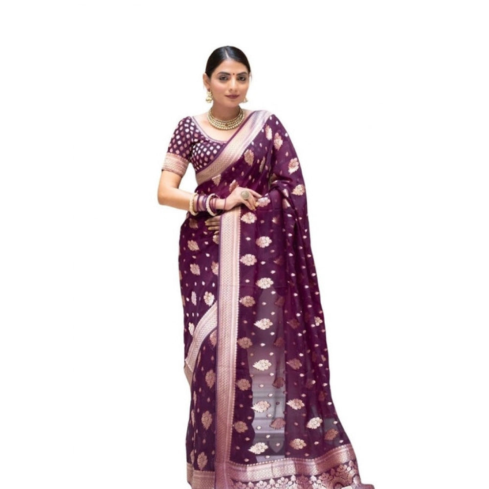 Vaystra Soft Lichi Silk Printed Saree With Unstitched Blouse 5.5Mtr – Purple