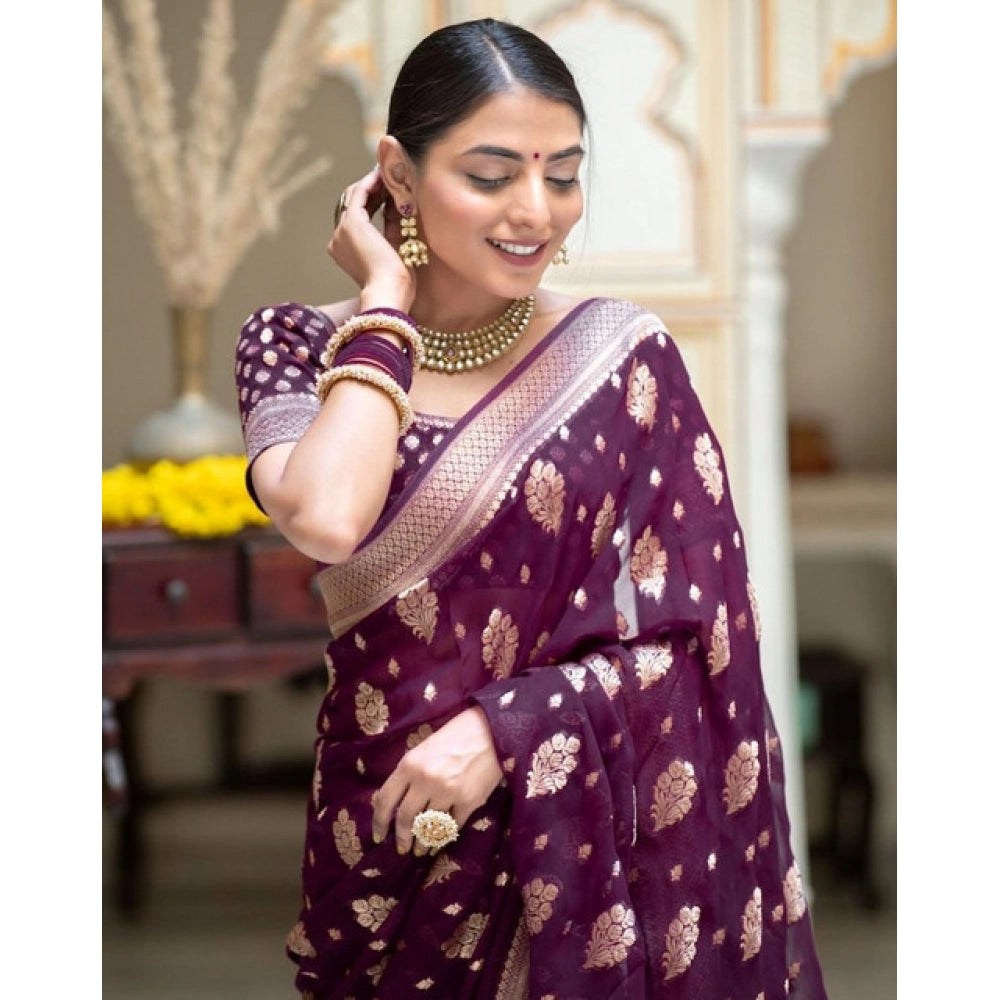 Vaystra Soft Lichi Silk Printed Saree With Unstitched Blouse 5.5Mtr – Purple