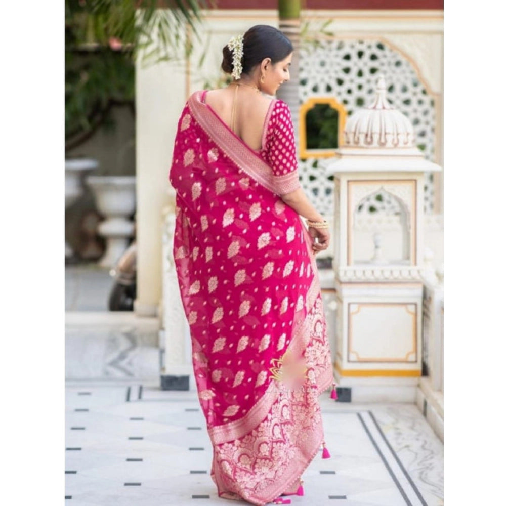 Vaystra Soft Lichi Silk Printed Saree With Unstitched Blouse 5.5Mtr – Pink