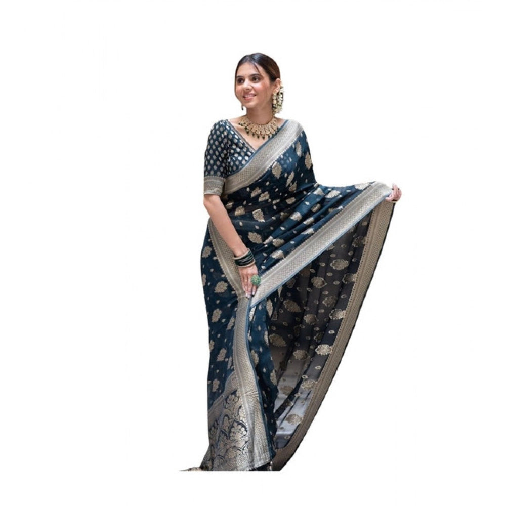 Vaystra Soft Lichi Silk Printed Saree With Unstitched Blouse 5.5Mtr – Blue