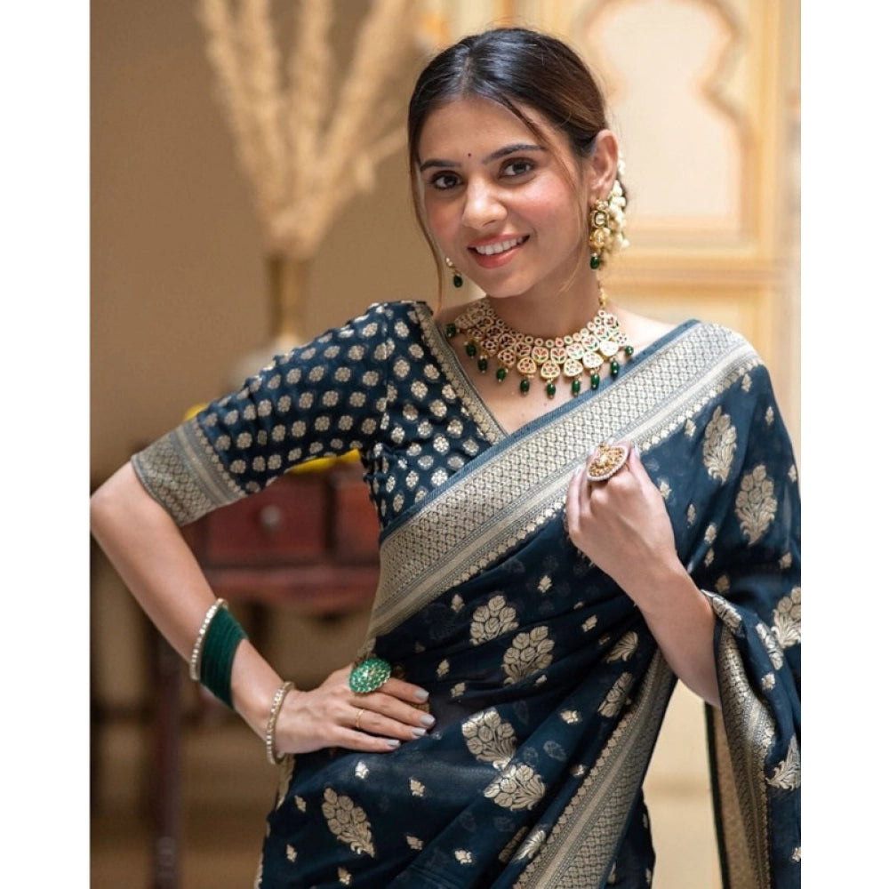 Vaystra Soft Lichi Silk Printed Saree With Unstitched Blouse 5.5Mtr – Blue