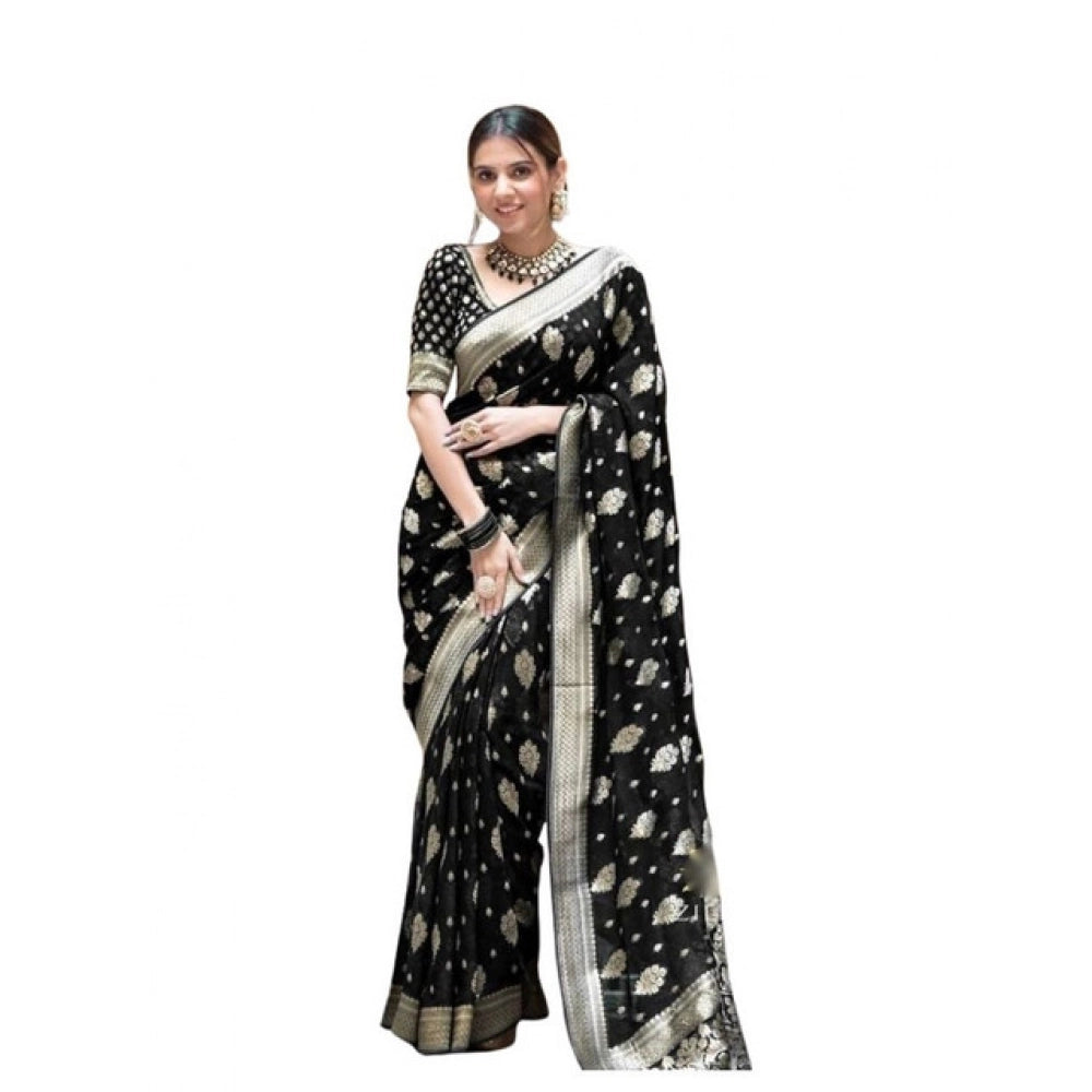 Vaystra Soft Lichi Silk Printed Saree With Unstitched Blouse 5.5Mtr – Black