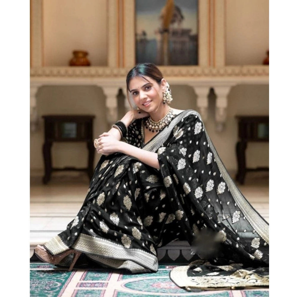Vaystra Soft Lichi Silk Printed Saree With Unstitched Blouse 5.5Mtr – Black