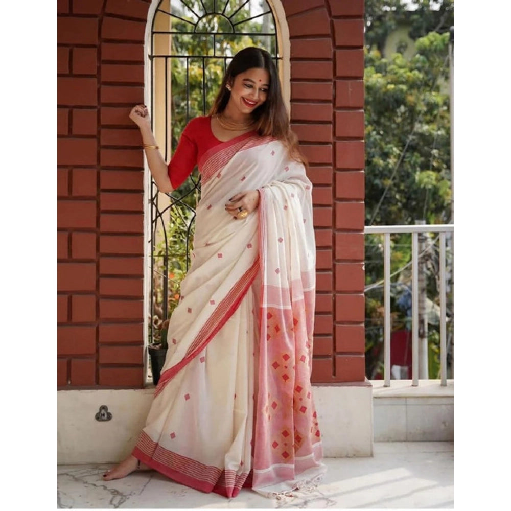 Vaystra Soft Lilan Printed Saree With Unstitched Blouse 5.5Mtr – White