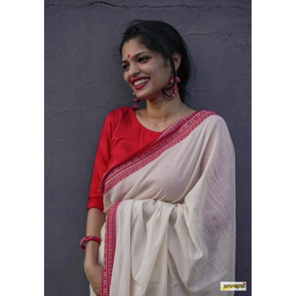 Vaystra Soft Lilan Printed Saree With Unstitched Blouse 5.5Mtr – White