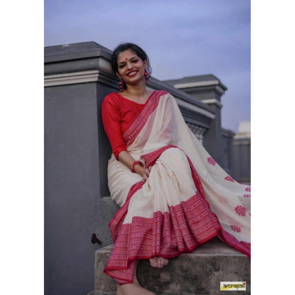 Vaystra Soft Lilan Printed Saree With Unstitched Blouse 5.5Mtr – White