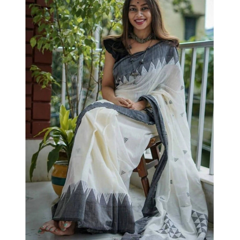 Vaystra Soft Lilan Printed Saree With Unstitched Blouse 5.5Mtr – White-Black
