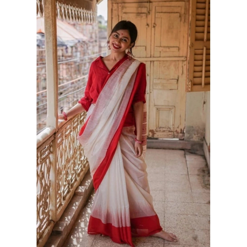 Vaystra Soft Lilan Printed Saree With Unstitched Blouse 5.5Mtr – White
