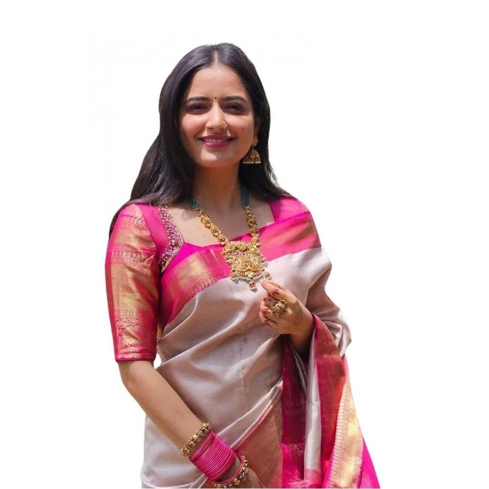 Vaystra Soft Lichi Silk Printed Saree With Unstitched Blouse 5.5Mtr – Grey
