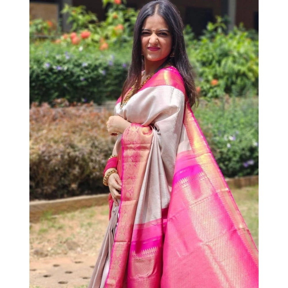 Vaystra Soft Lichi Silk Printed Saree With Unstitched Blouse 5.5Mtr – Grey