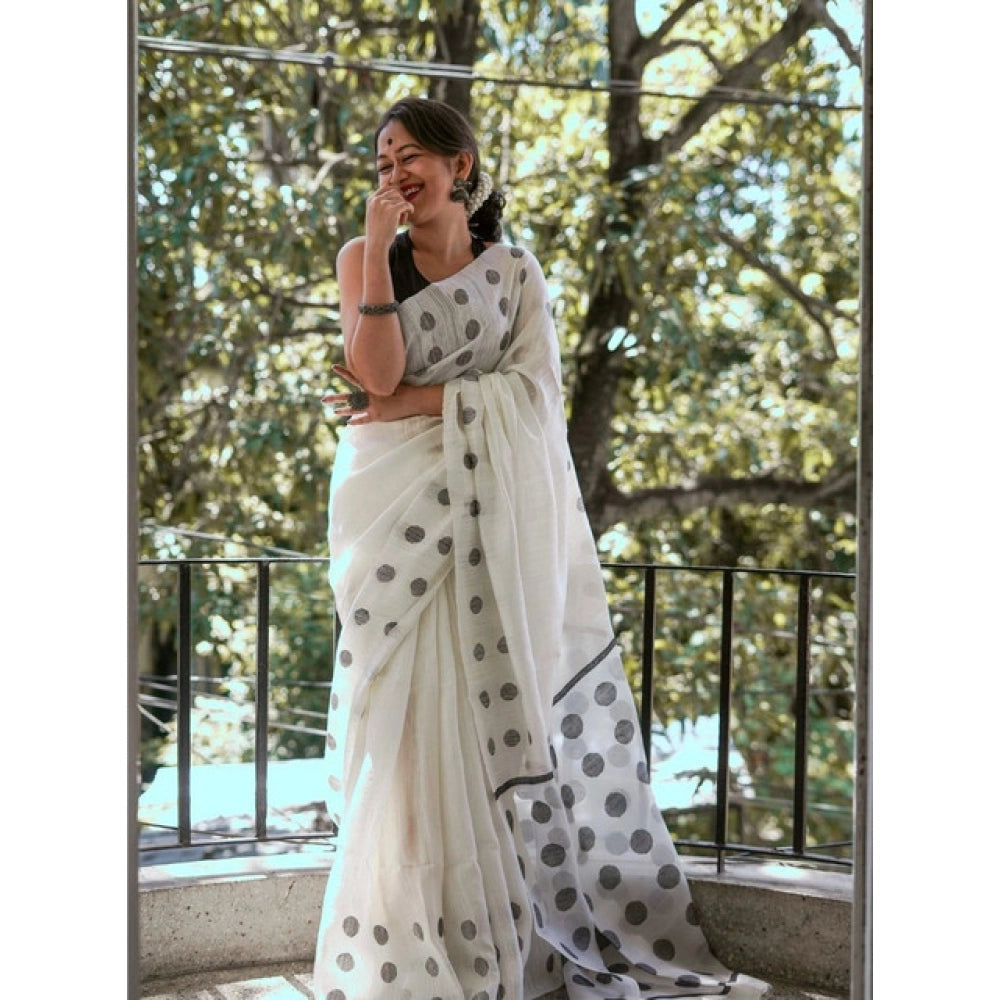 Vaystra Soft Lilan Printed Saree With Unstitched Blouse 5.5Mtr – White