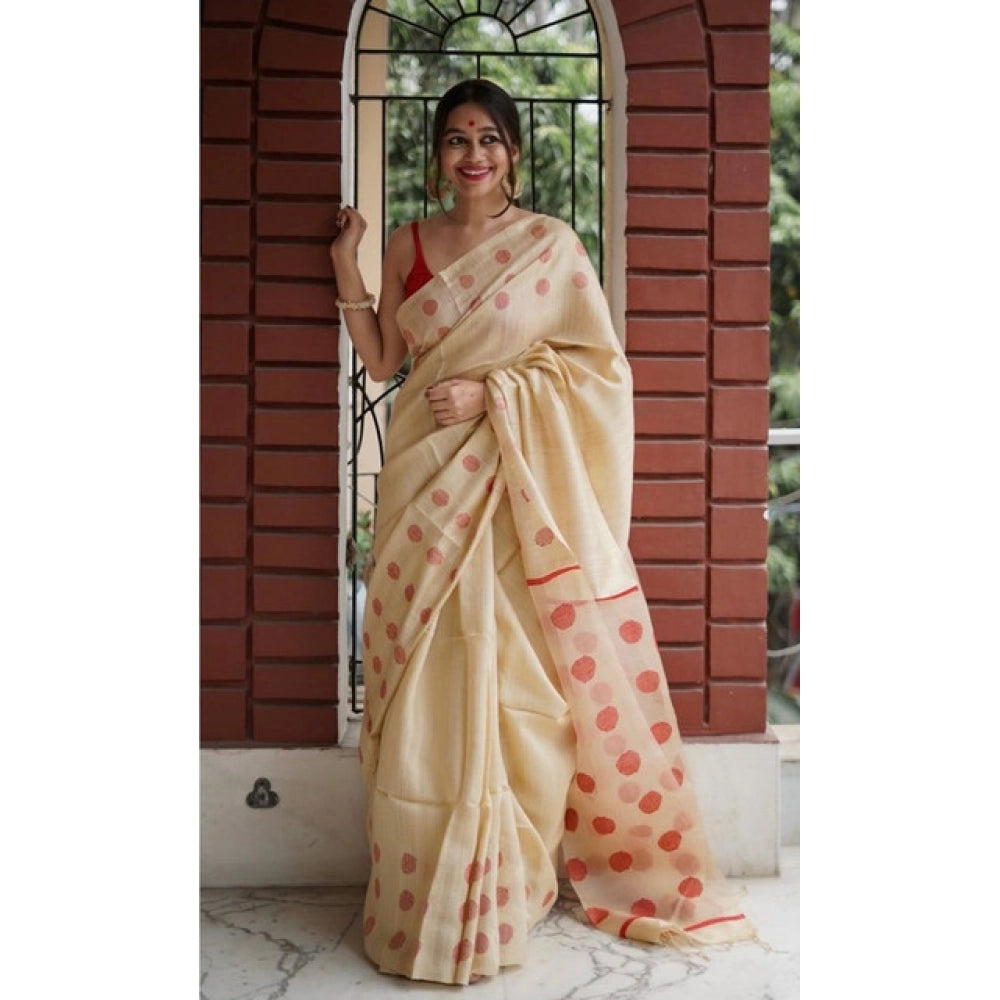 Vaystra Soft Lilan Printed Saree With Unstitched Blouse 5.5Mtr – Cream