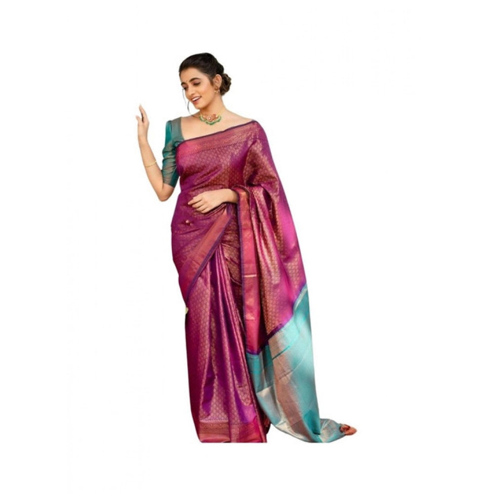 Vaystra Soft Lichi Silk Printed Saree With Unstitched Blouse 5.5Mtr – Purple