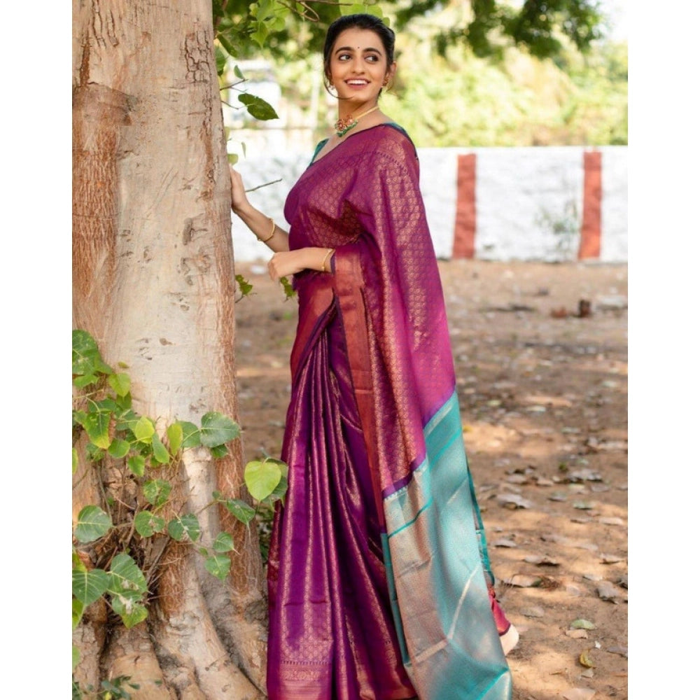 Vaystra Soft Lichi Silk Printed Saree With Unstitched Blouse 5.5Mtr – Purple