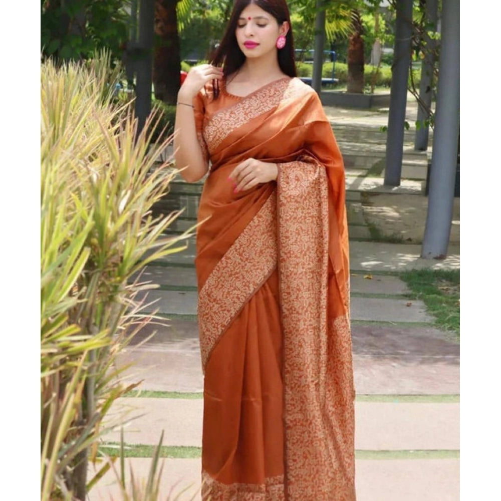 Vaystra Soft Lichi Silk Printed Saree With Unstitched Blouse 5.5Mtr – Brown