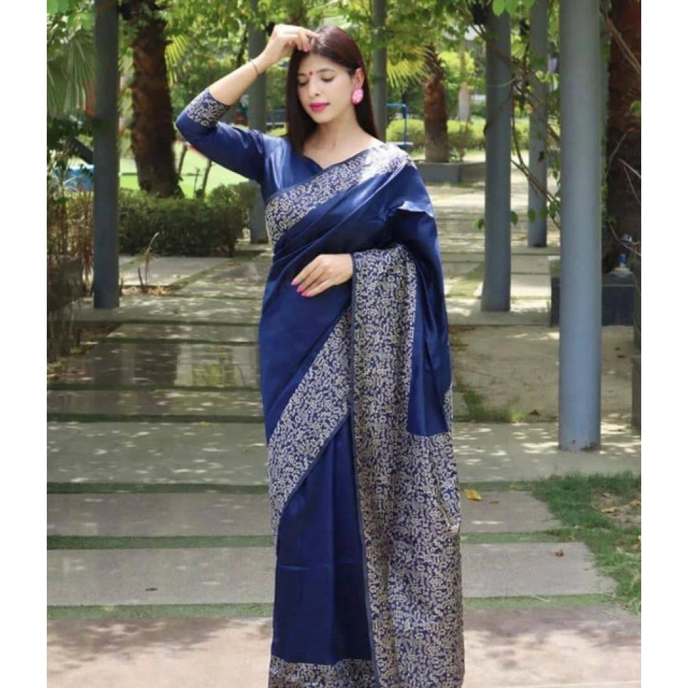 Vaystra Soft Lichi Silk Printed Saree With Unstitched Blouse 5.5Mtr – Blue