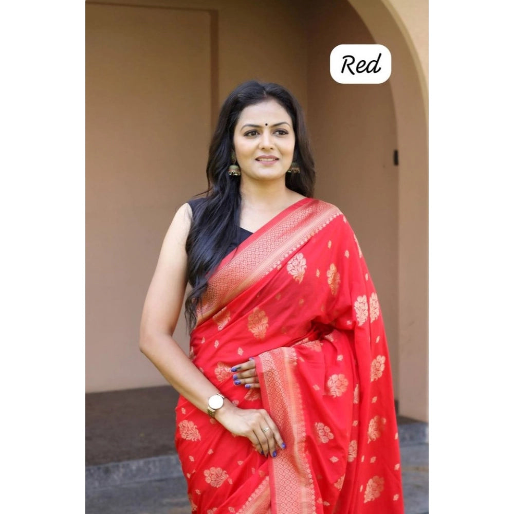 Vaystra Soft Lichi Silk Printed Saree With Unstitched Blouse 5.5Mtr – Red