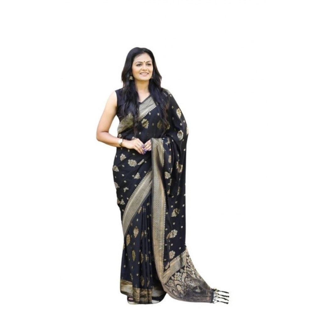 Vaystra Soft Lichi Silk Printed Saree With Unstitched Blouse 5.5Mtr – Black