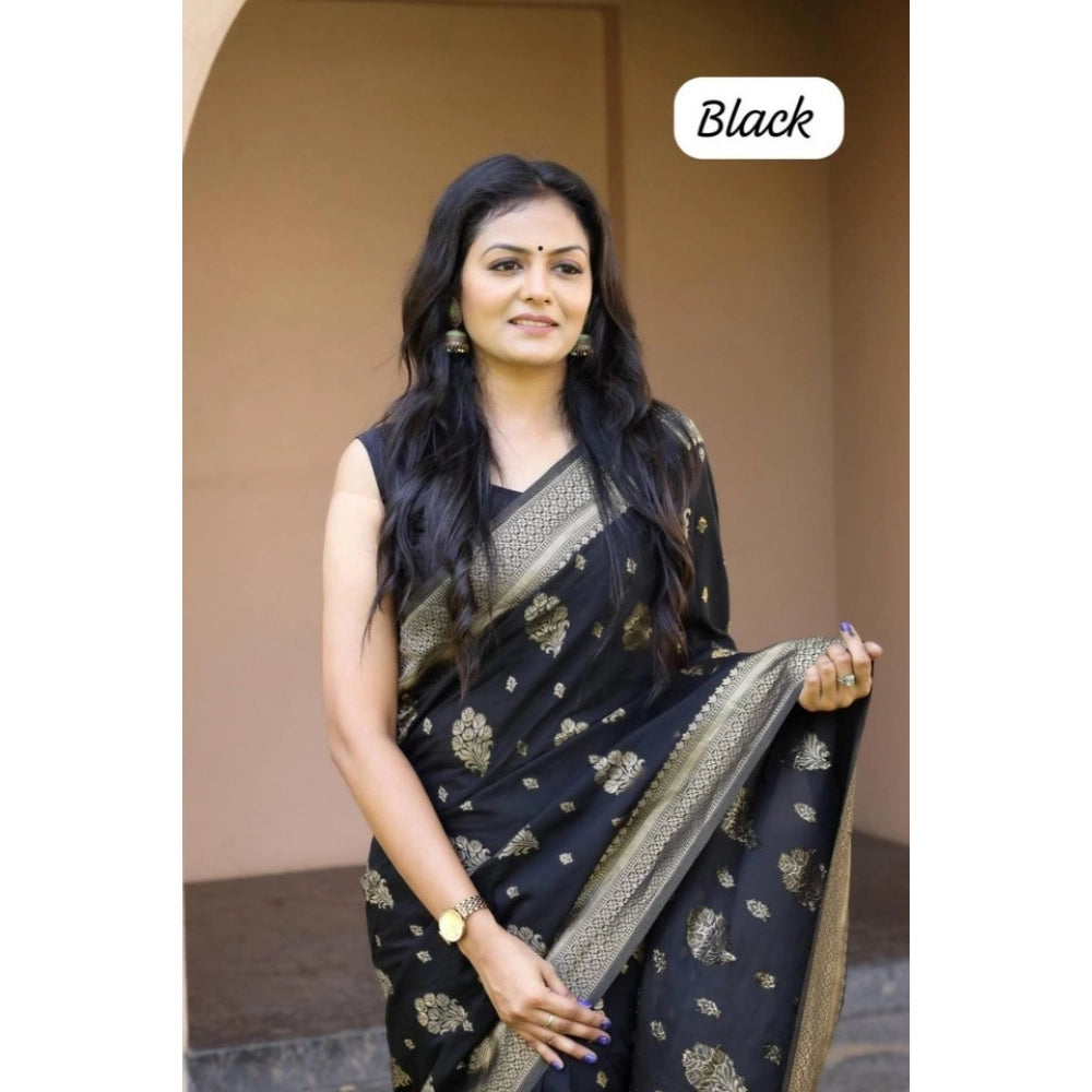 Vaystra Soft Lichi Silk Printed Saree With Unstitched Blouse 5.5Mtr – Black