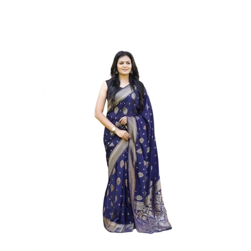 Vaystra Soft Lichi Silk Printed Saree With Unstitched Blouse 5.5Mtr – Navy Blue