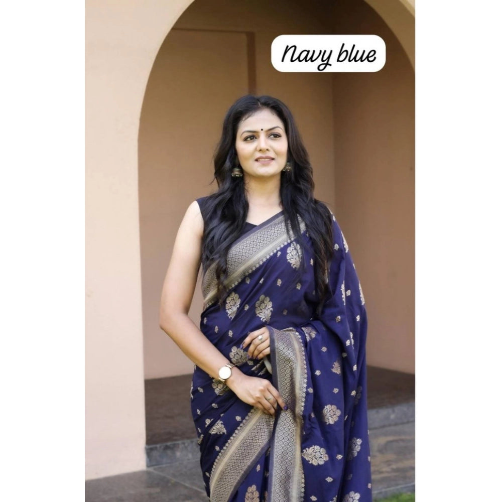 Vaystra Soft Lichi Silk Printed Saree With Unstitched Blouse 5.5Mtr – Navy Blue