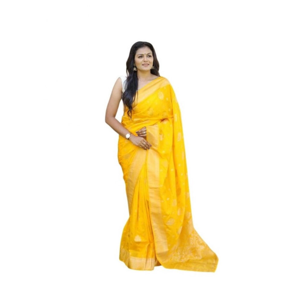 Vaystra Soft Lichi Silk Printed Saree With Unstitched Blouse 5.5Mtr – Yellow