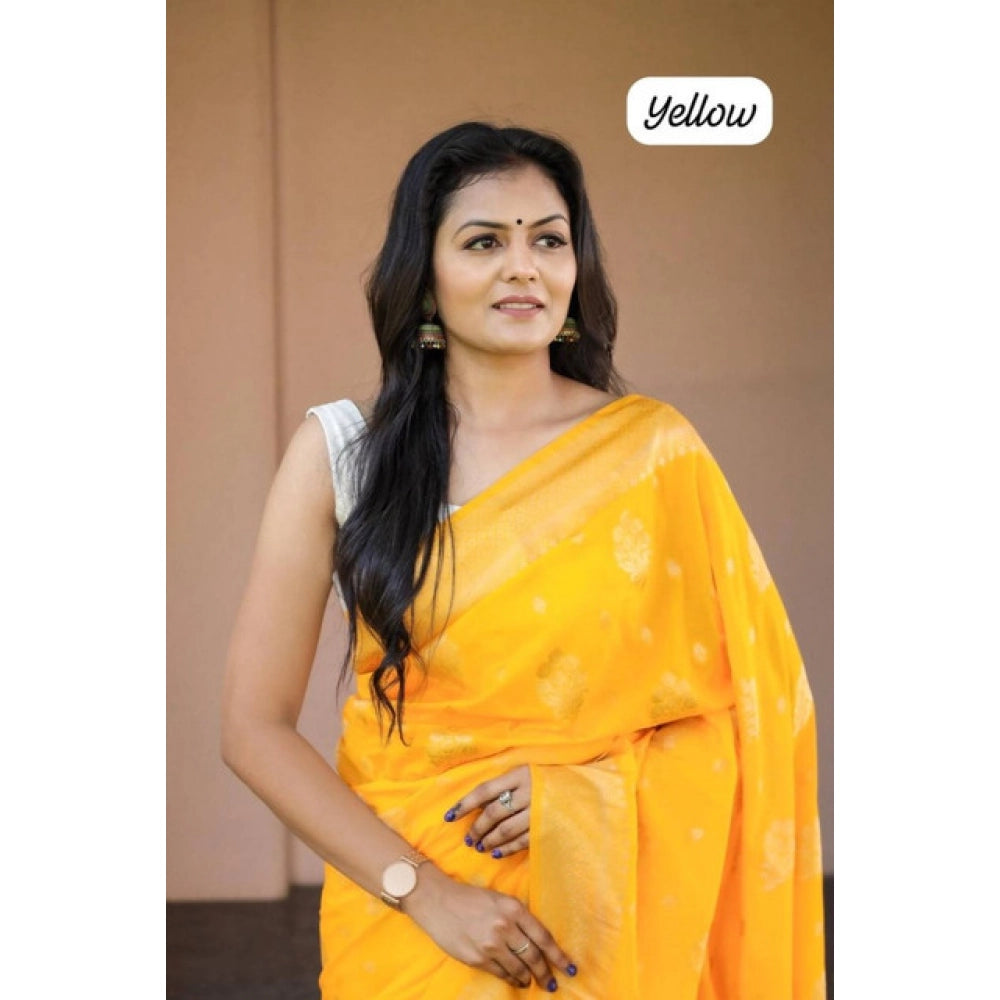 Vaystra Soft Lichi Silk Printed Saree With Unstitched Blouse 5.5Mtr – Yellow