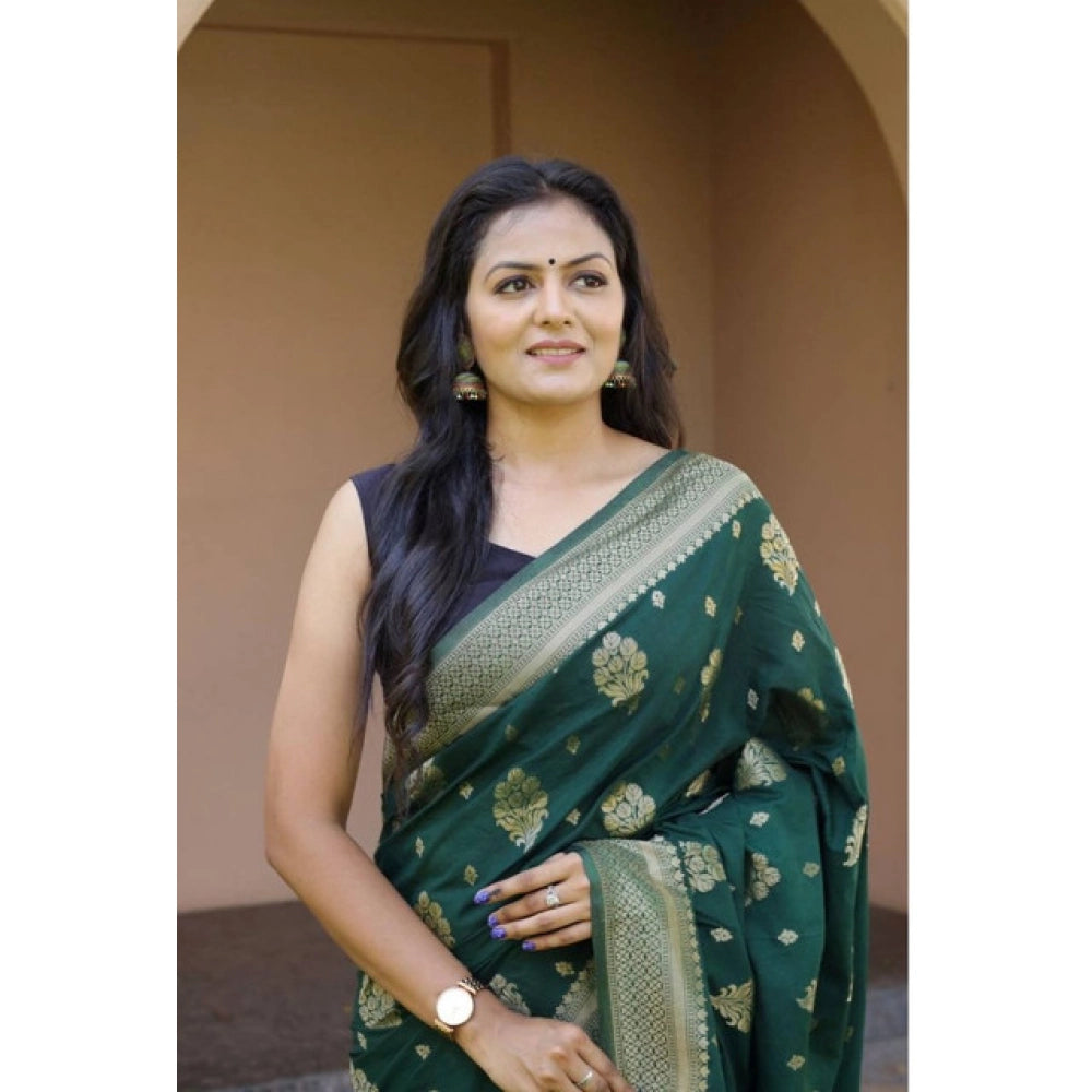 Vaystra Soft Lichi Silk Printed Saree With Unstitched Blouse 5.5Mtr – Bottle Green