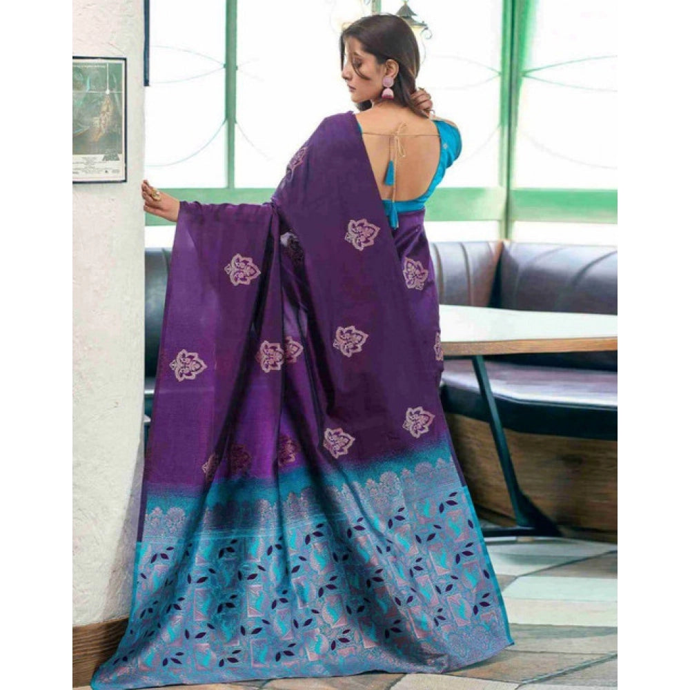 Vaystra Soft Lichi Silk Printed Saree With Unstitched Blouse 5.5Mtr – Blue