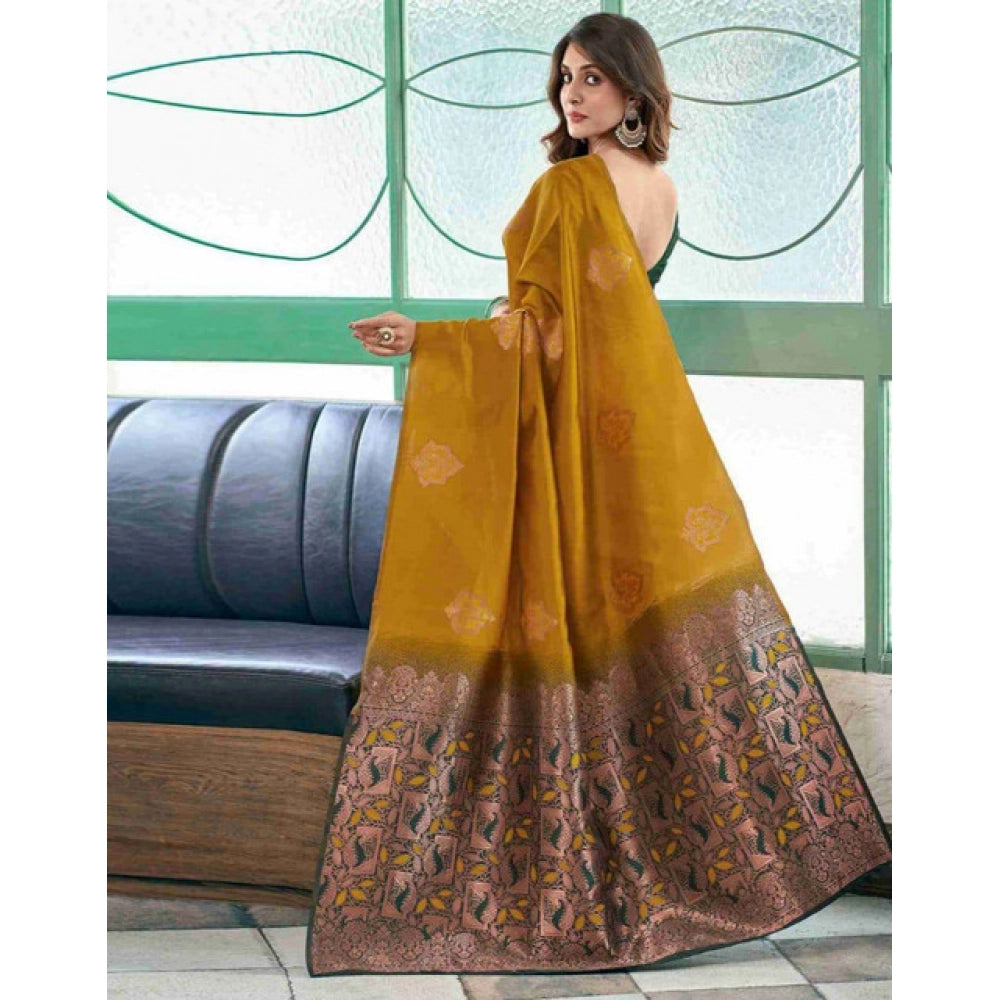 Vaystra Soft Lichi Silk Printed Saree With Unstitched Blouse 5.5Mtr – Mustard