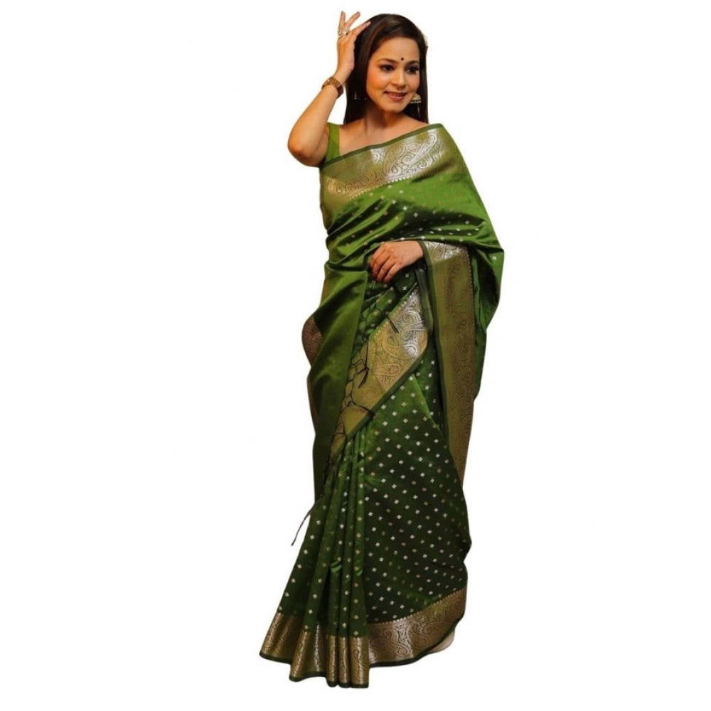 Vaystra Soft Lichi Silk Printed Saree With Unstitched Blouse 5.5Mtr – Green