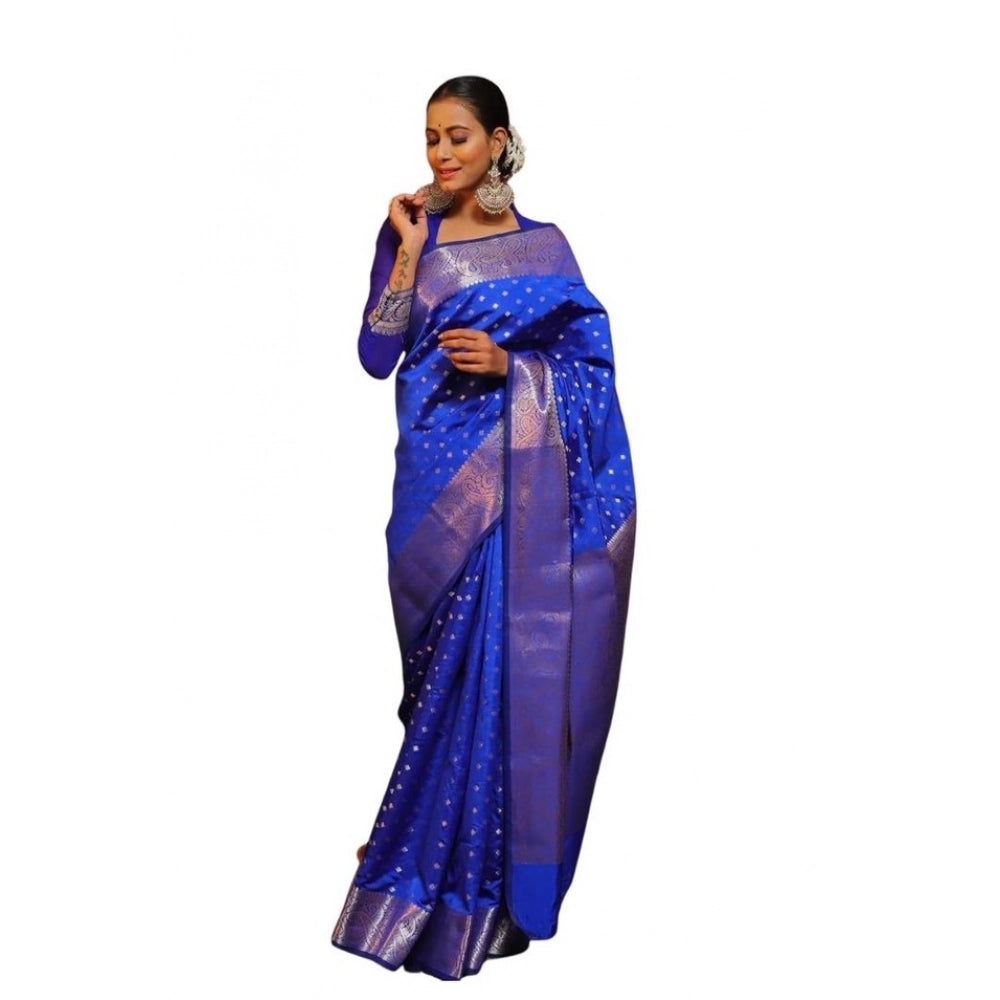 Vaystra Soft Lichi Silk Printed Saree With Unstitched Blouse 5.5Mtr – Blue