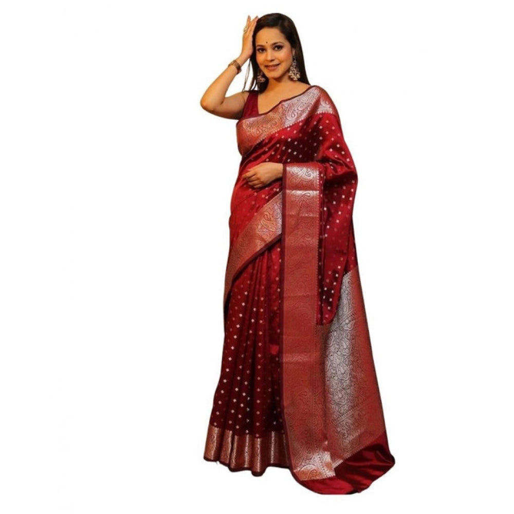 Vaystra Soft Lichi Silk Printed Saree With Unstitched Blouse 5.5Mtr – Maroon