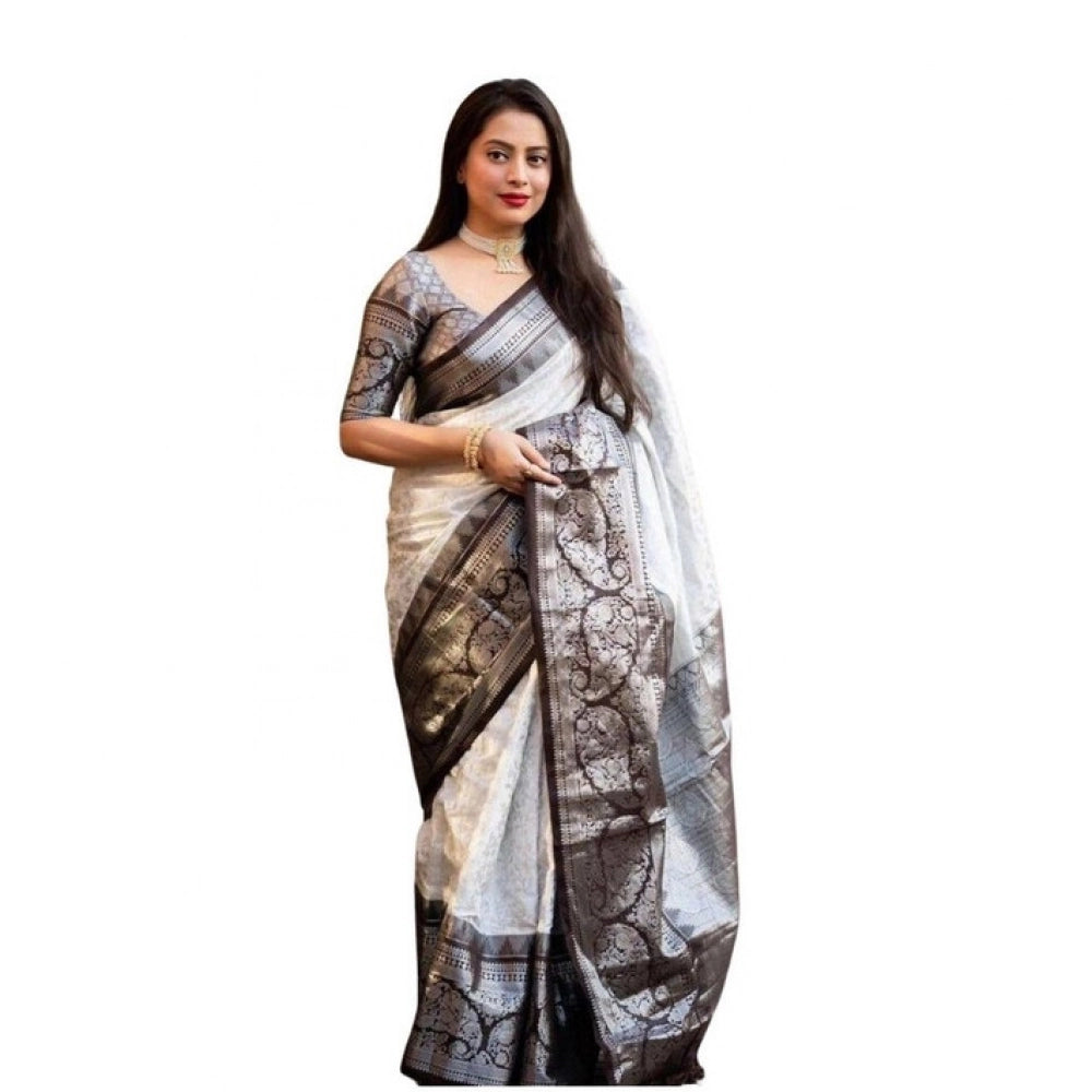 Vaystra Soft Lichi Silk Printed Saree With Unstitched Blouse 5.5Mtr – Off White