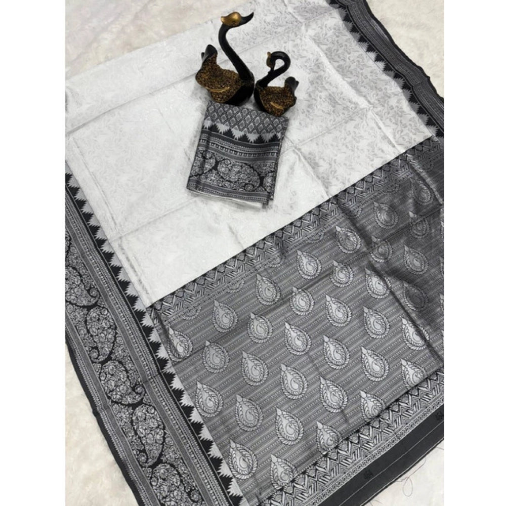 Vaystra Soft Lichi Silk Printed Saree With Unstitched Blouse 5.5Mtr – Off White