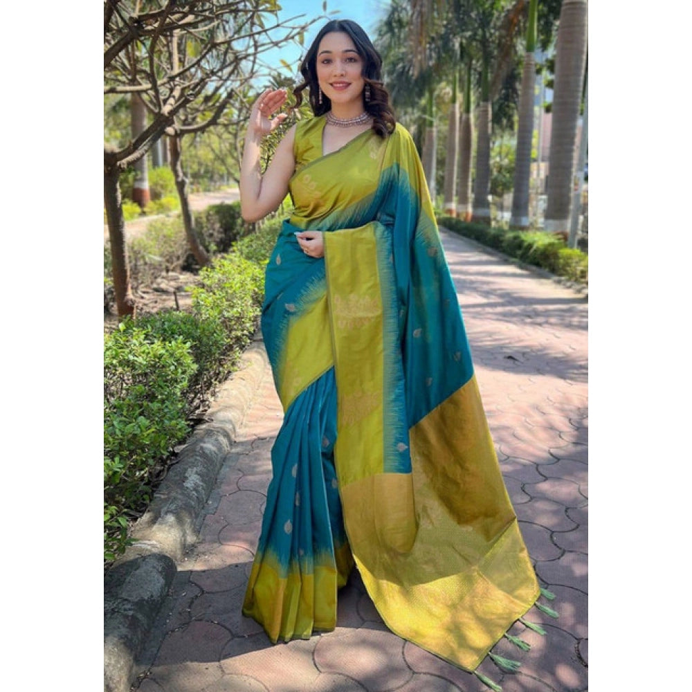 Vaystra Soft Lichi Silk Printed Saree With Unstitched Blouse 5.5Mtr – Green