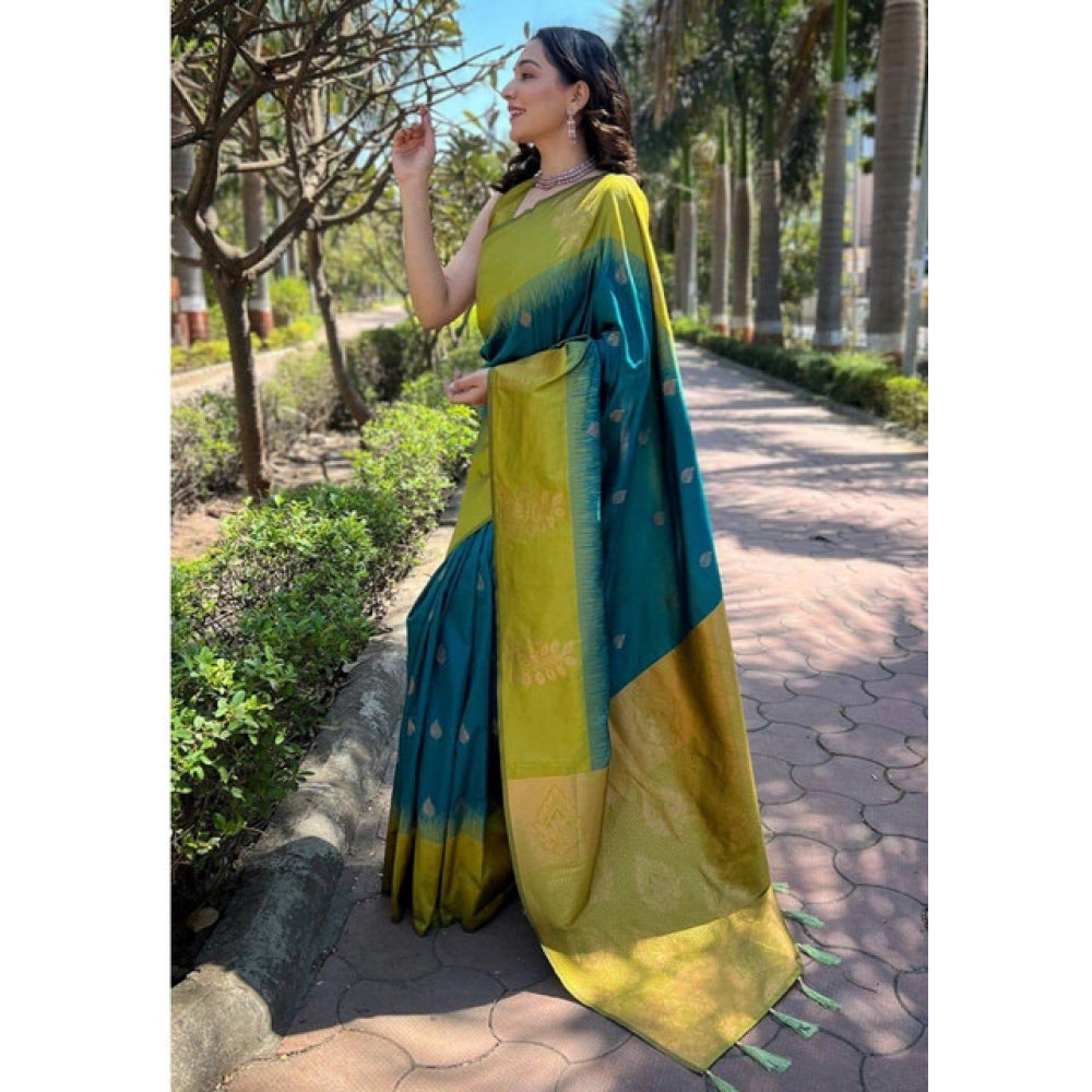 Vaystra Soft Lichi Silk Printed Saree With Unstitched Blouse 5.5Mtr – Green