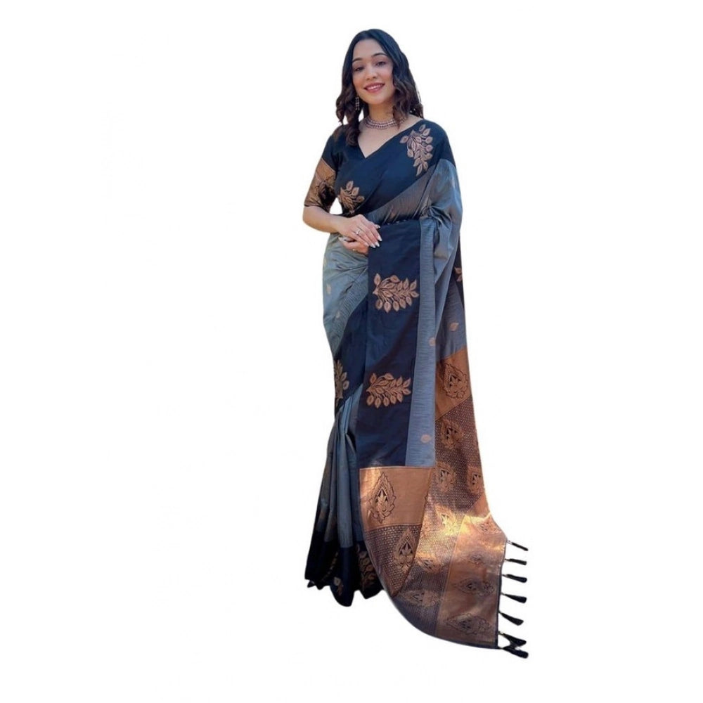 Vaystra Soft Lichi Silk Printed Saree With Unstitched Blouse 5.5Mtr – Grey