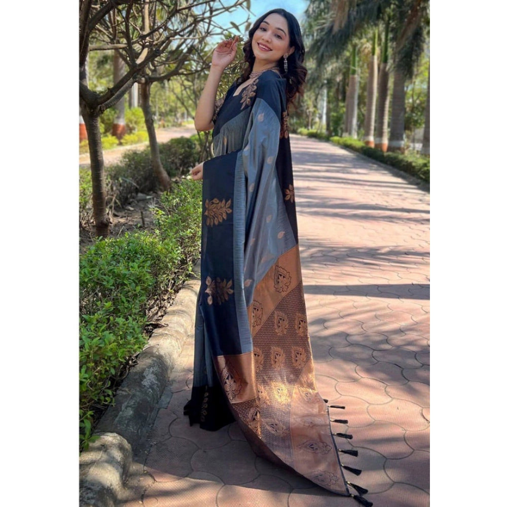 Vaystra Soft Lichi Silk Printed Saree With Unstitched Blouse 5.5Mtr – Grey