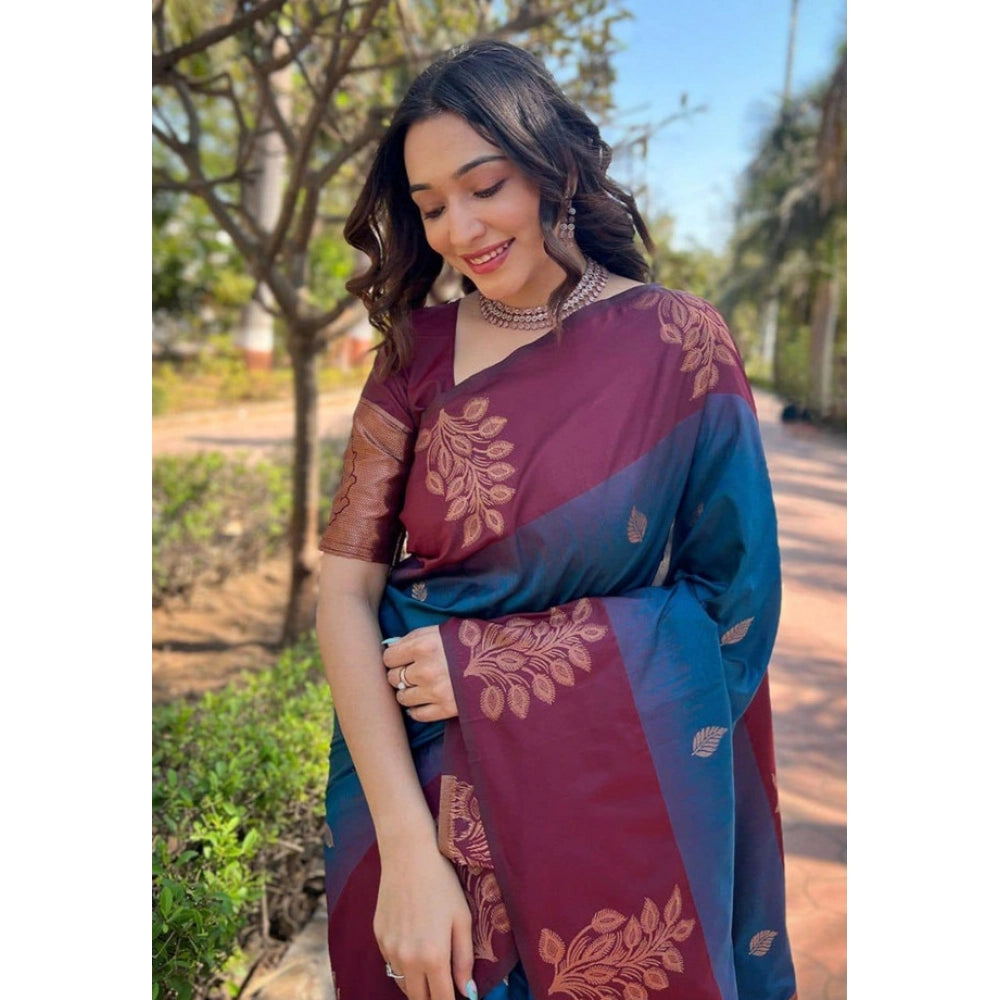 Vaystra Soft Lichi Silk Printed Saree With Unstitched Blouse 5.5Mtr – Blue