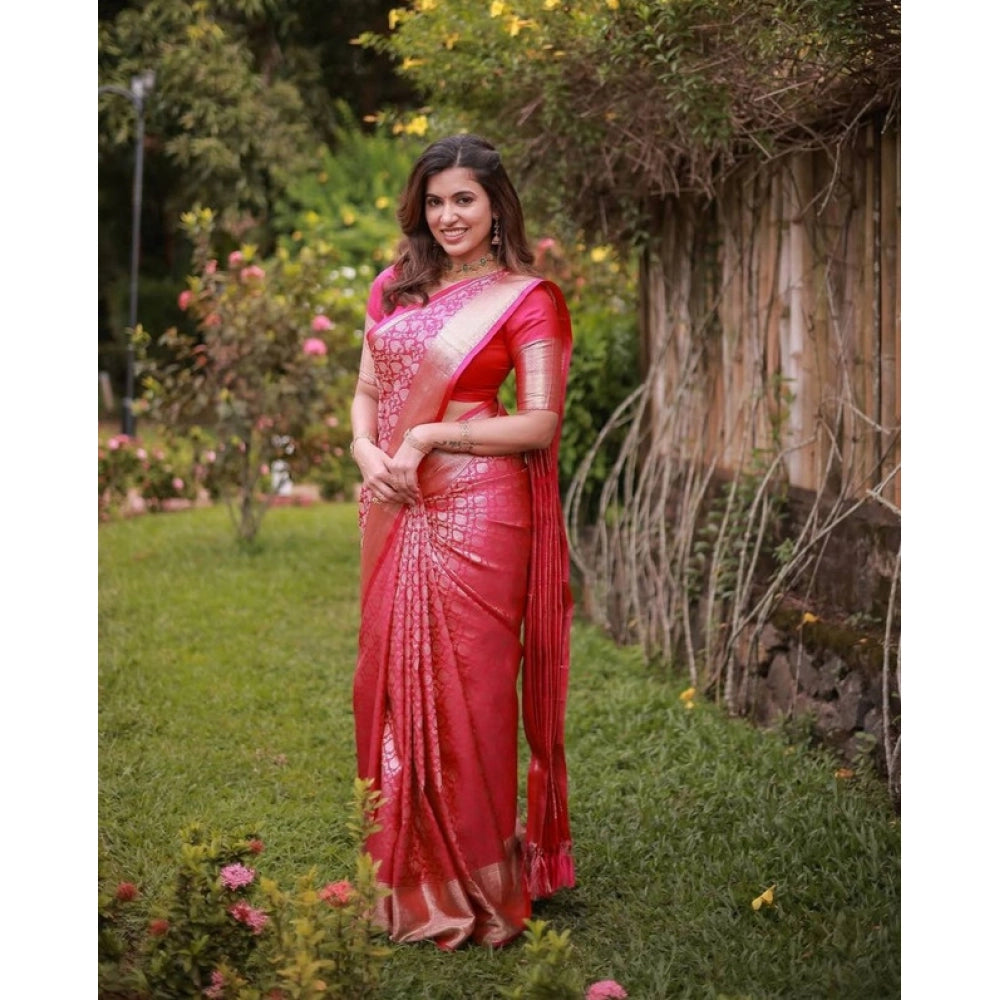 Vaystra Soft Lichi Silk Printed Saree With Unstitched Blouse 5.5Mtr – Pink