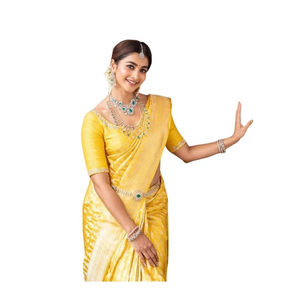Vaystra Soft Lichi Silk Printed Saree With Unstitched Blouse 5.5Mtr – Yellow