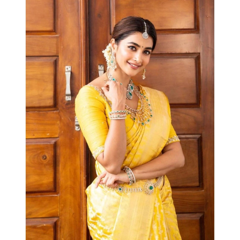 Vaystra Soft Lichi Silk Printed Saree With Unstitched Blouse 5.5Mtr – Yellow