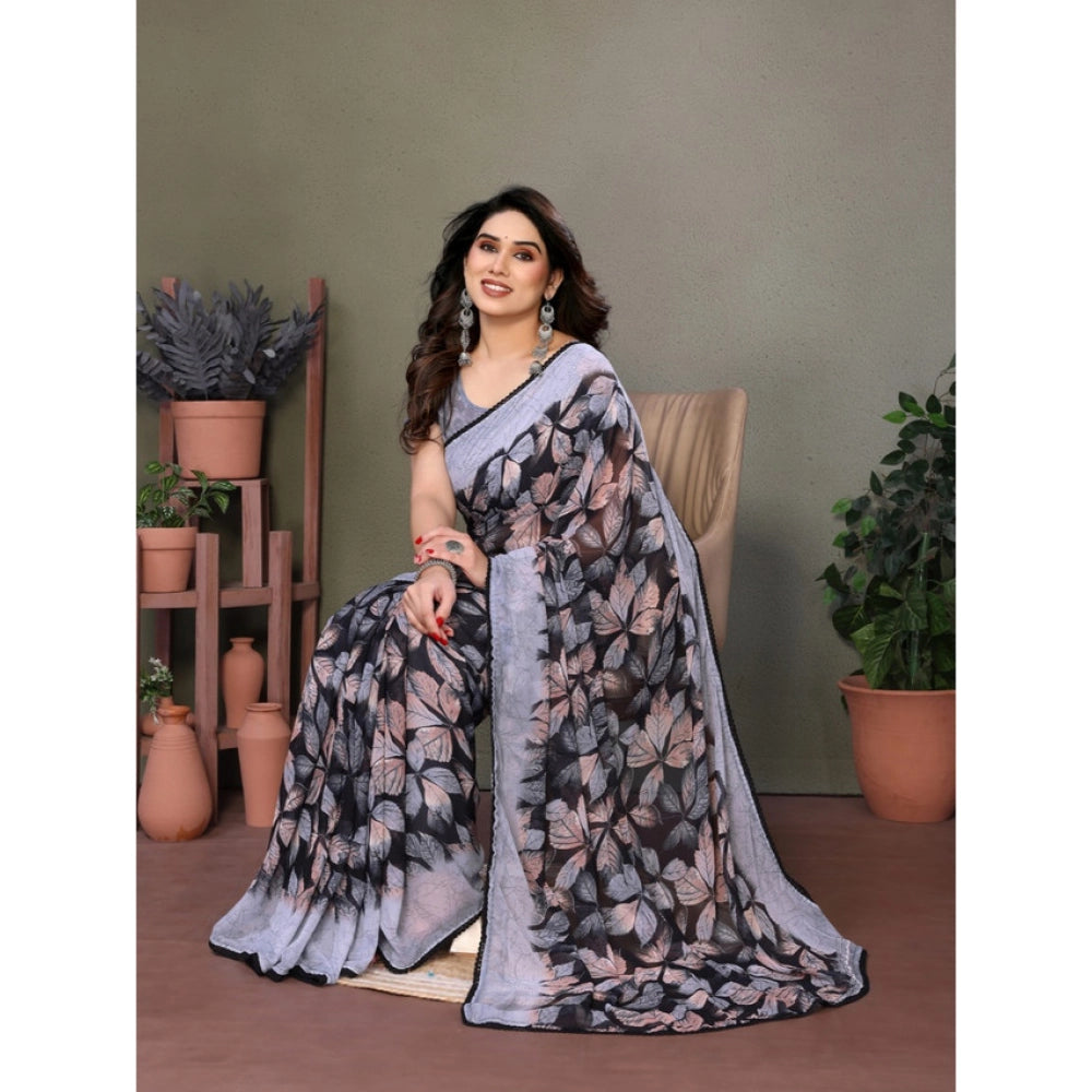 Vaystra Chiffon Printed Saree With Unstitched Blouse 5.5Mtr – Grey