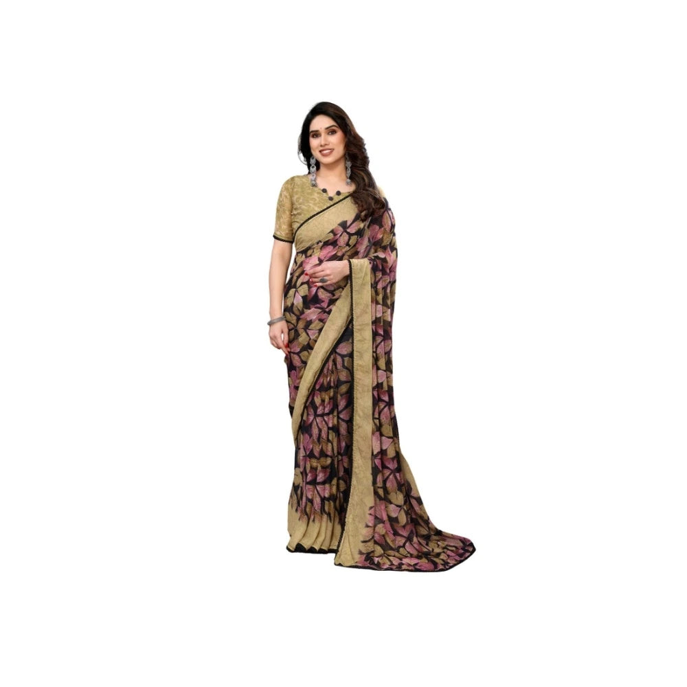 Vaystra Chiffon Printed Saree With Unstitched Blouse 5.5Mtr – Beige